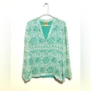 Tory Burch Green White Geometric Print Blouse Silk blend Top w/ Sequins Size 8